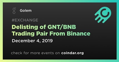 Delisting of GNT/BNB Trading Pair From Binance